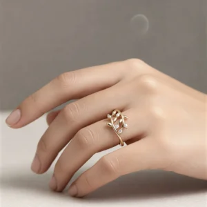 Vaynora Jewels Women Gold Plated Leaf Design Adjustable Ring with American Diamond Copper Crystal Gold Plated Rin