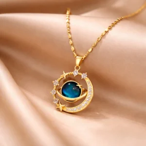 Karishma Kreations Moon & Star Zircon Pendant Necklace| Gold Plated | Minimal Daily Wear Jewelry Gold-plated Moonstone Stainless Steel Pendant