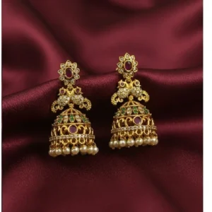 LakshaTrends Trending Premium Quality Peacock Butta Earrings with White Pearl Drops Cubic Zirconia Alloy Jhumki Earring