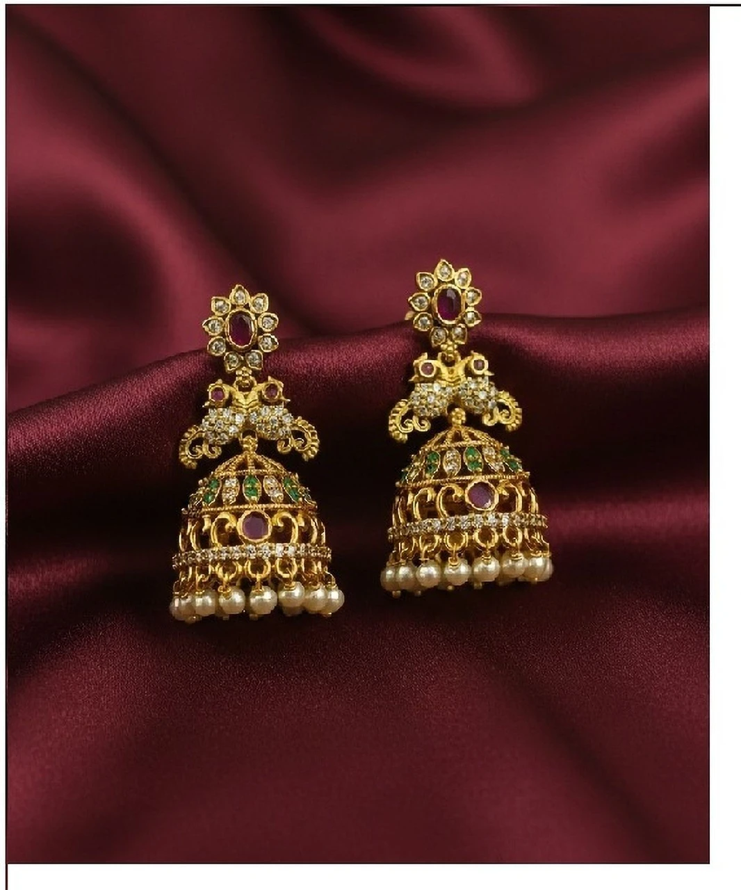LakshaTrends Trending Premium Quality Peacock Butta Earrings with White Pearl Drops Cubic Zirconia Alloy Jhumki Earring
